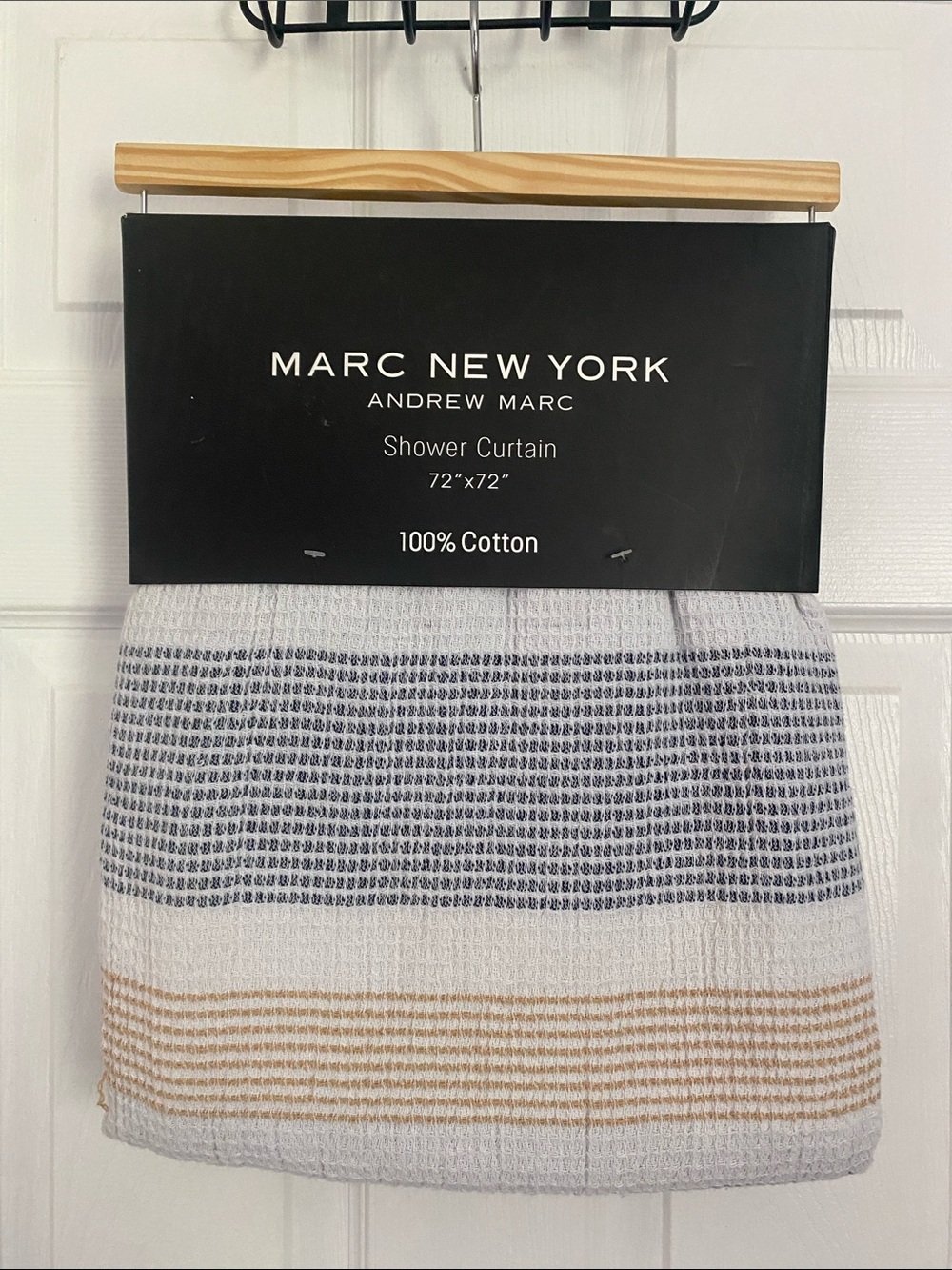 Marc New York Cotton Shower Curtain - White, Navy & Tan Stripes